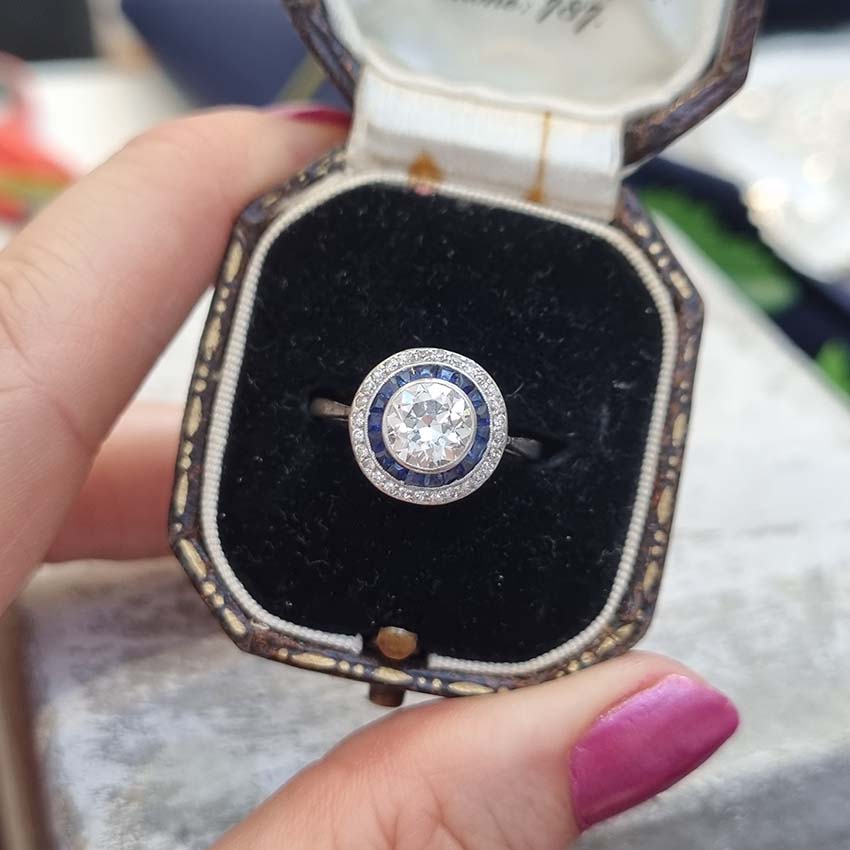 Art Deco 1.25ct Old Cut Diamond and Sapphire Target Cluster Engagement Ring