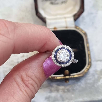 Art Deco 1.25ct Old Cut Diamond and Sapphire Target Cluster Engagement Ring