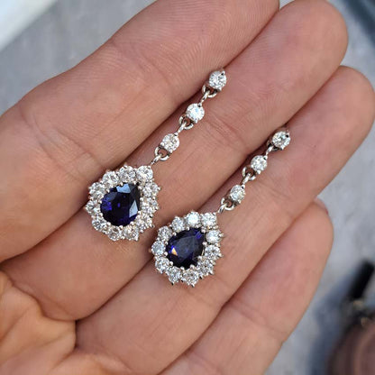 Vintage Pear Cut Royal Blue Sapphire and Diamond Cluster Drop Earrings