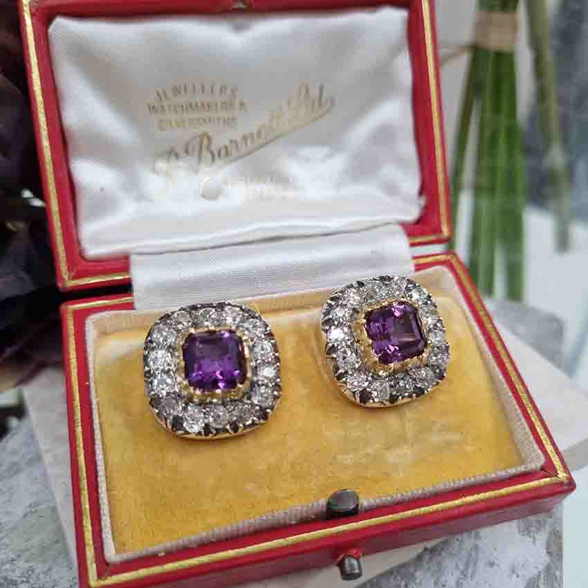 Antique Amethyst and Diamond Cluster Clip Earrings