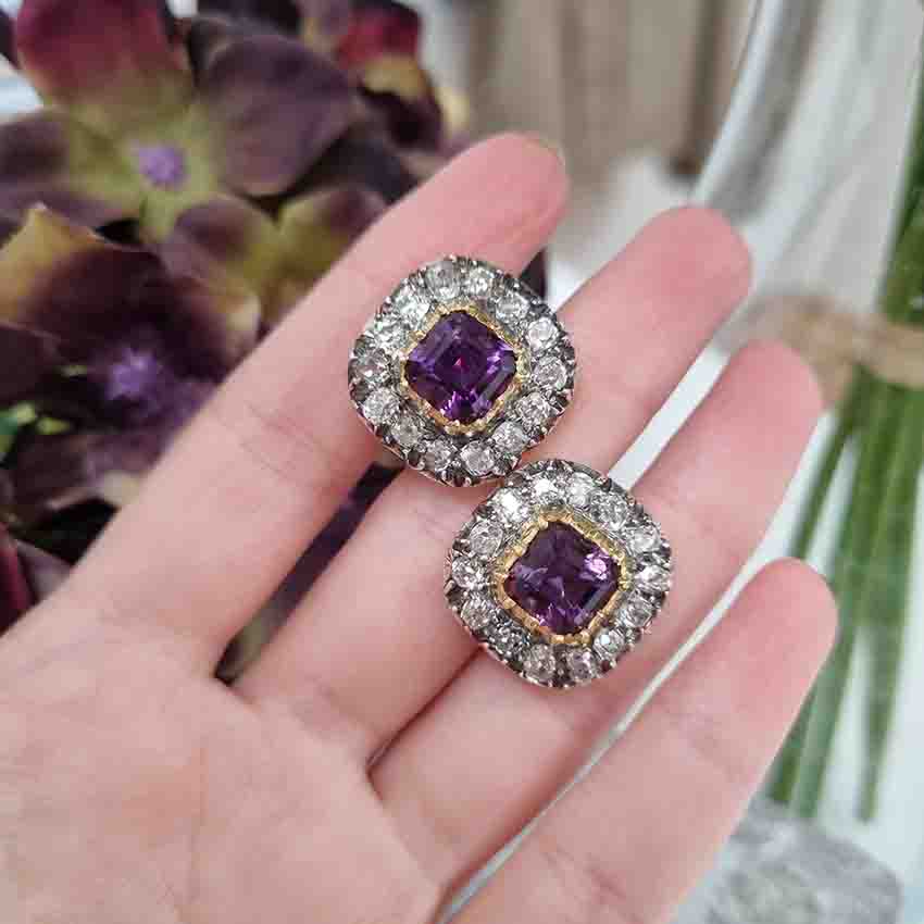 Antique Amethyst and Diamond Cluster Clip Earrings