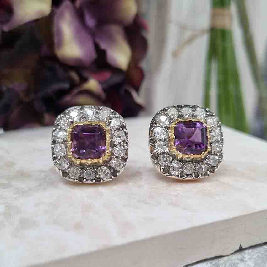 Antique Amethyst and Diamond Cluster Clip Earrings