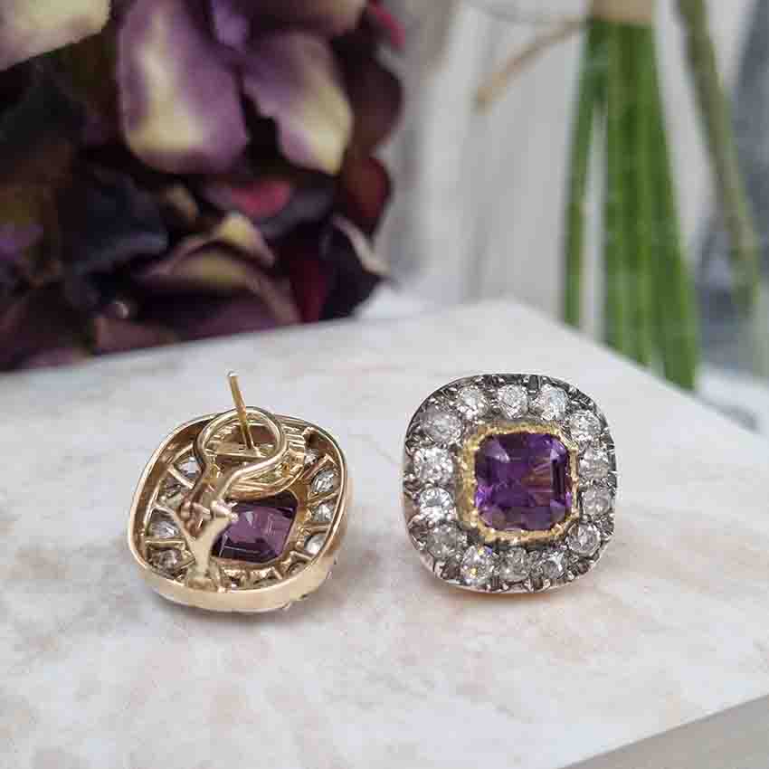 Antique Amethyst and Diamond Cluster Clip Earrings