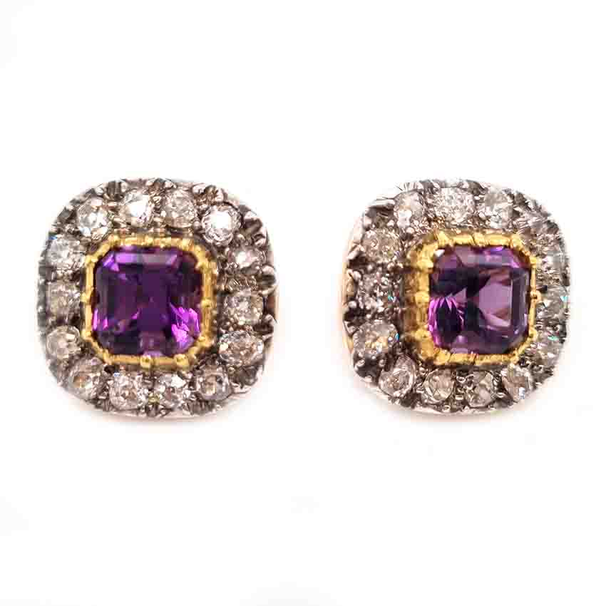Antique Amethyst and Diamond Cluster Clip Earrings