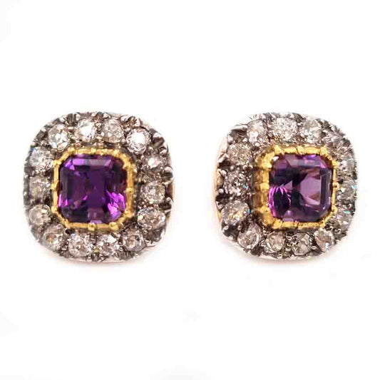 Antique Amethyst and Diamond Cluster Clip Earrings