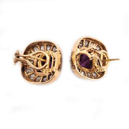 Antique Amethyst and Diamond Cluster Clip Earrings