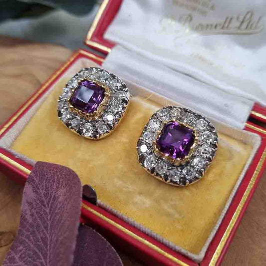 Antique Amethyst and Diamond Cluster Clip Earrings