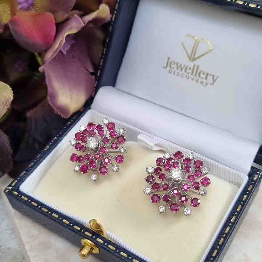 Oscar Heyman Ruby and Diamond Snowflake Cluster Earrings