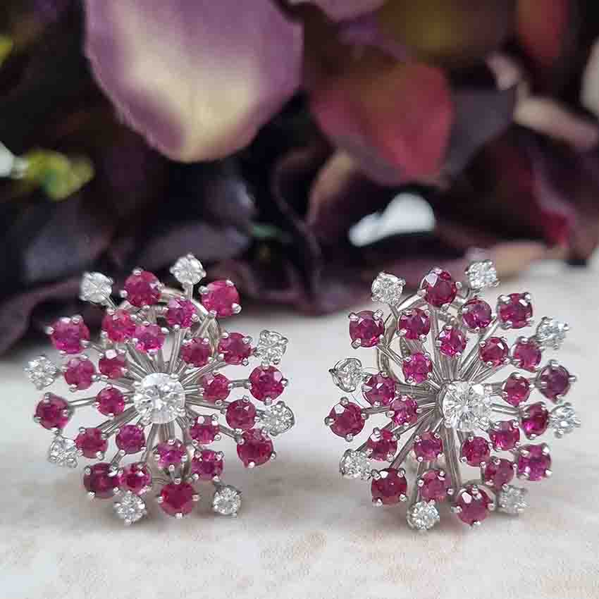 Oscar Heyman Ruby and Diamond Snowflake Cluster Earrings