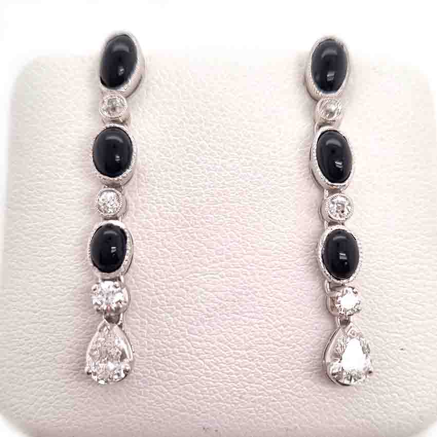 Vintage Black Onyx and Diamond Drop Earrings in Platinum