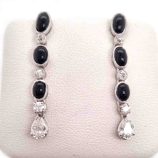 Vintage Black Onyx and Diamond Drop Earrings in Platinum