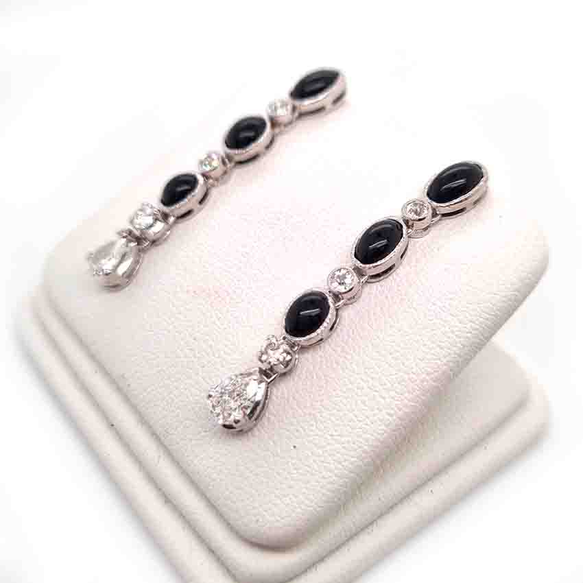 Vintage Black Onyx and Diamond Drop Earrings in Platinum