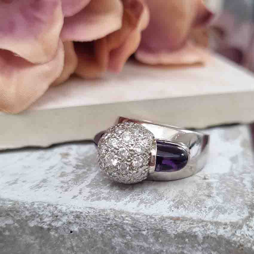 Vintage 1950s Diamond Ball and Amethyst Bombe Cocktail Ring