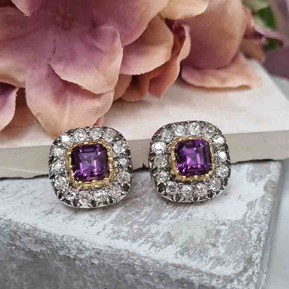 Antique Amethyst and Diamond Cluster Clip Earrings