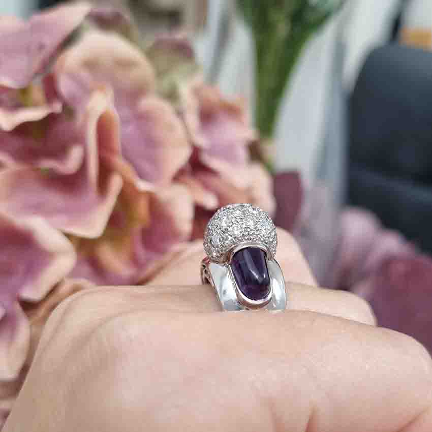 Vintage 1950s Diamond Ball and Amethyst Bombe Cocktail Ring