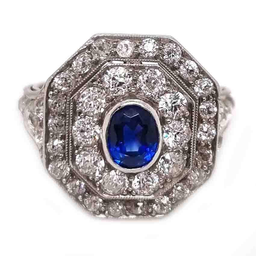 Vintage Art Deco No Heat Burma Sapphire and Diamond Cluster Engagement Ring
