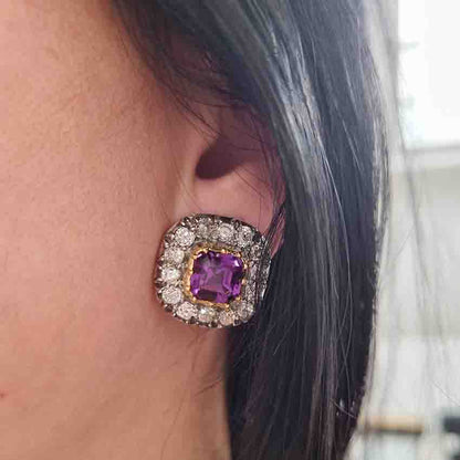 Antique Amethyst and Diamond Cluster Clip Earrings