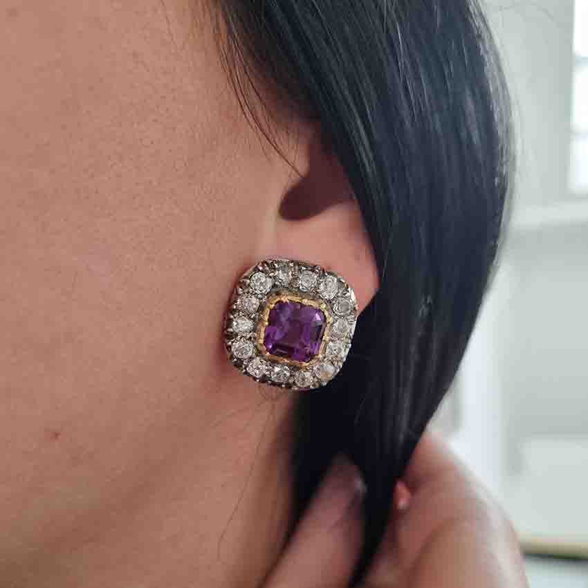 Antique Amethyst and Diamond Cluster Clip Earrings