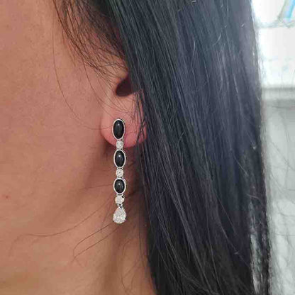 Vintage Black Onyx and Diamond Drop Earrings in Platinum