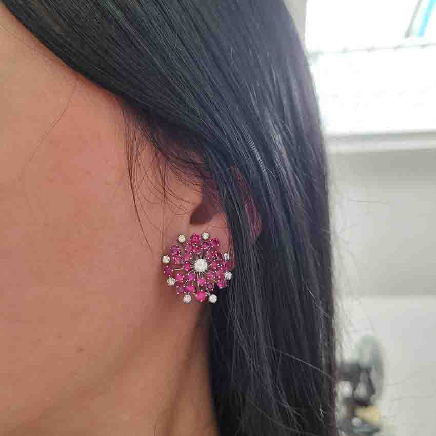 Oscar Heyman Ruby and Diamond Snowflake Cluster Earrings