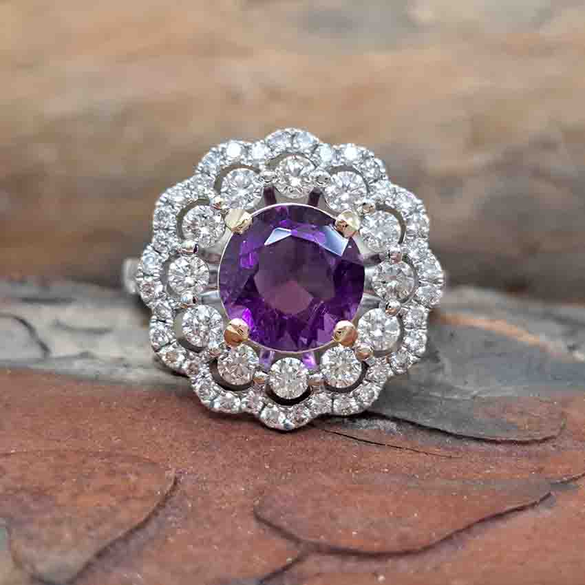 Vintage 2.25ct Amethyst and Diamond Cluster Cocktail Ring