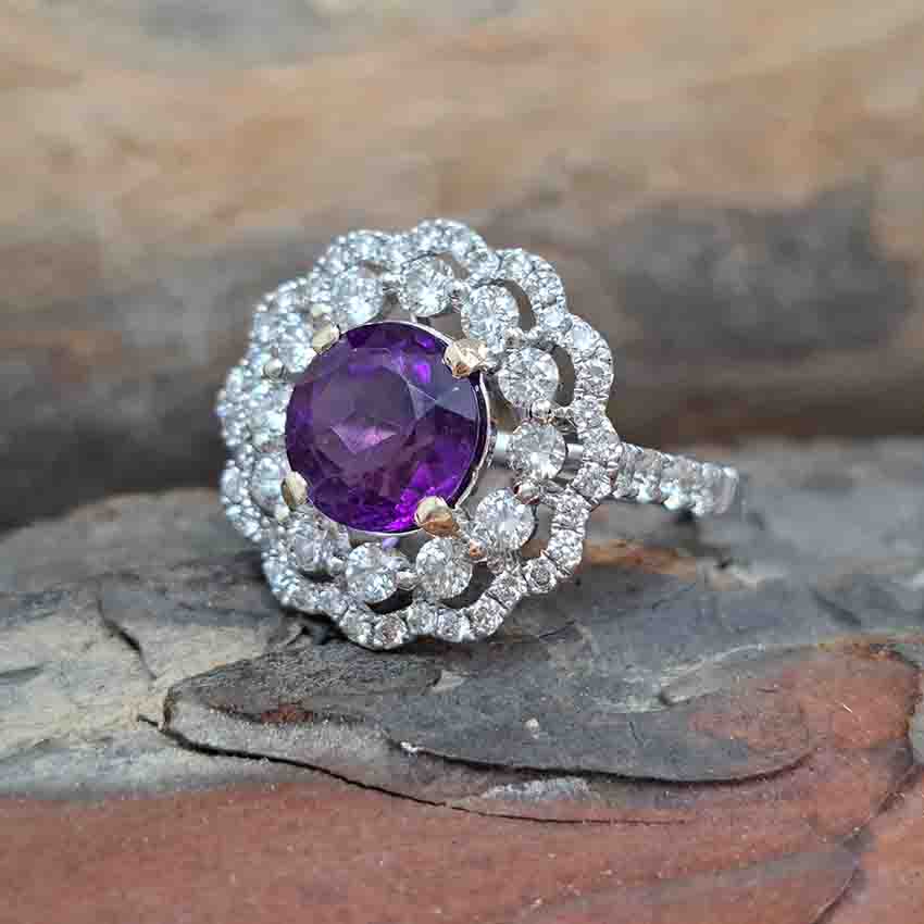 Vintage 2.25ct Amethyst and Diamond Cluster Cocktail Ring