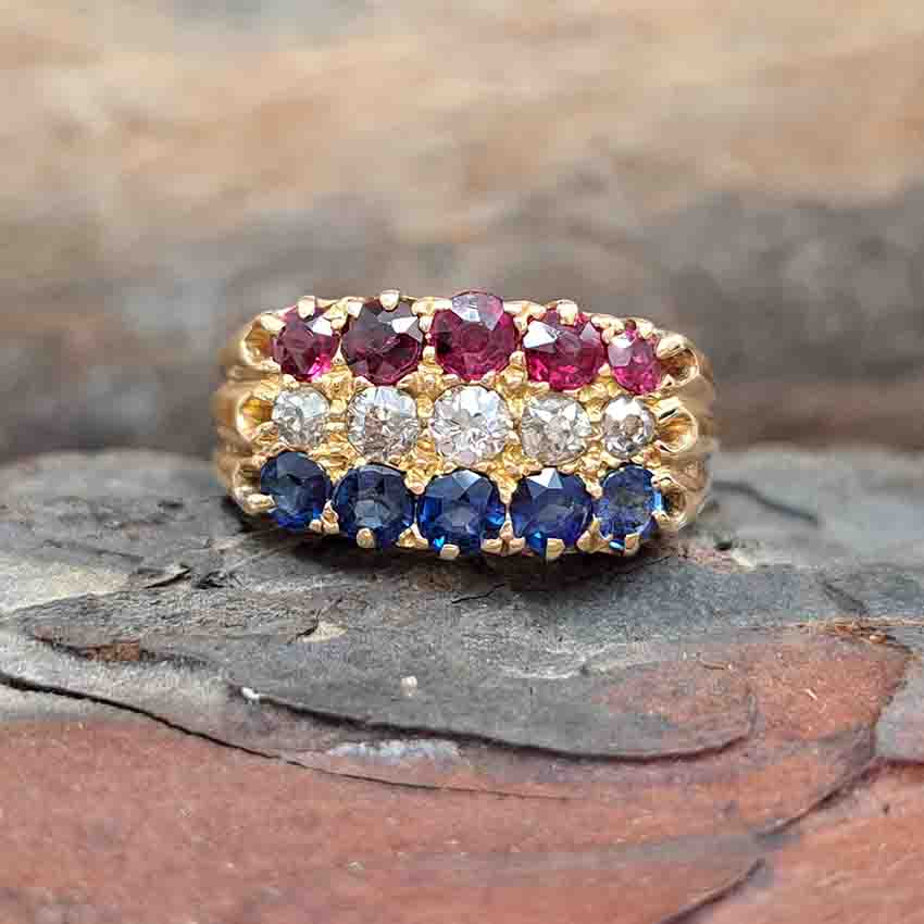 Victorian Antique Sapphire Diamond Ruby Three Row Ring