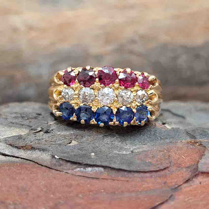 Victorian Antique Sapphire Diamond Ruby Three Row Ring