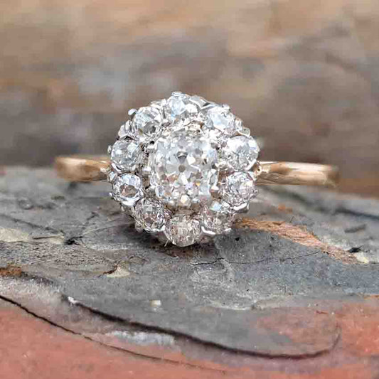 Edwardian Antique 1.1ct Old Cut Diamond Cluster Engagement Ring