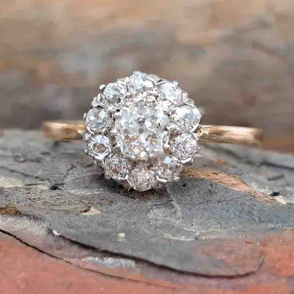 Edwardian Antique 1.1ct Old Cut Diamond Cluster Engagement Ring