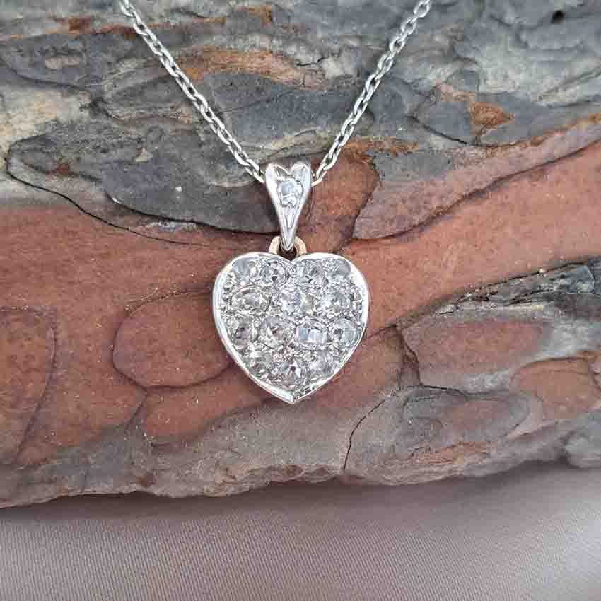 Antique Art Deco Old Mine Cut Diamond Heart Pendant