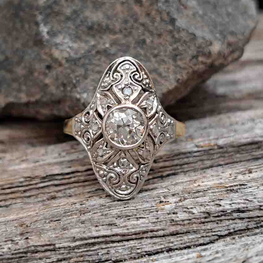 Edwardian Antique Old Cut Diamond Cluster Plaque Ring