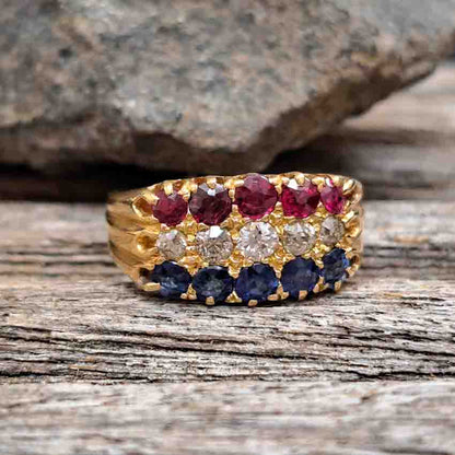 Victorian Antique Sapphire Diamond Ruby Three Row Ring