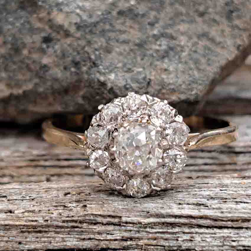 Edwardian Antique 1.1ct Old Cut Diamond Cluster Engagement Ring