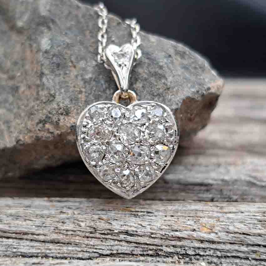 Antique Art Deco Old Mine Cut Diamond Heart Pendant