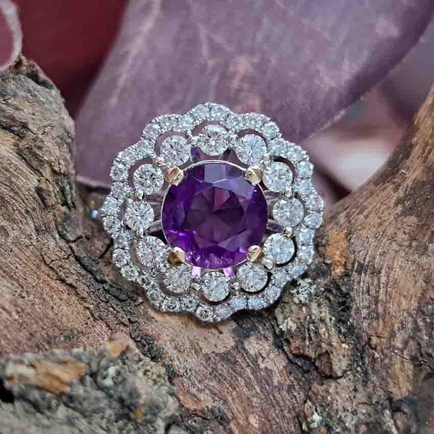 Vintage 2.25ct Amethyst and Diamond Cluster Cocktail Ring