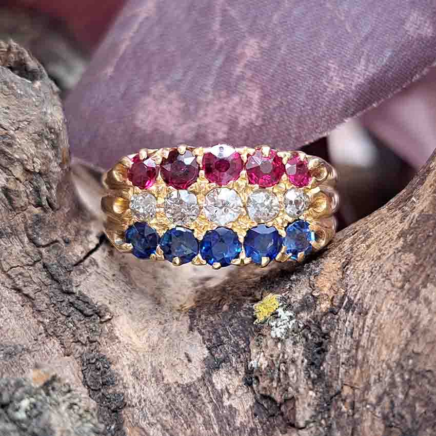 Victorian Antique Sapphire Diamond Ruby Three Row Ring