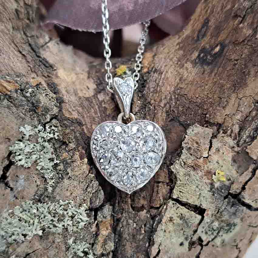 Antique Art Deco Old Mine Cut Diamond Heart Pendant