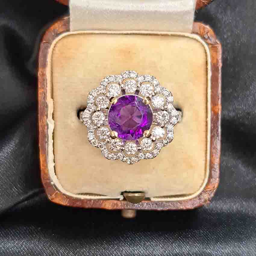 Vintage 2.25ct Amethyst and Diamond Cluster Cocktail Ring