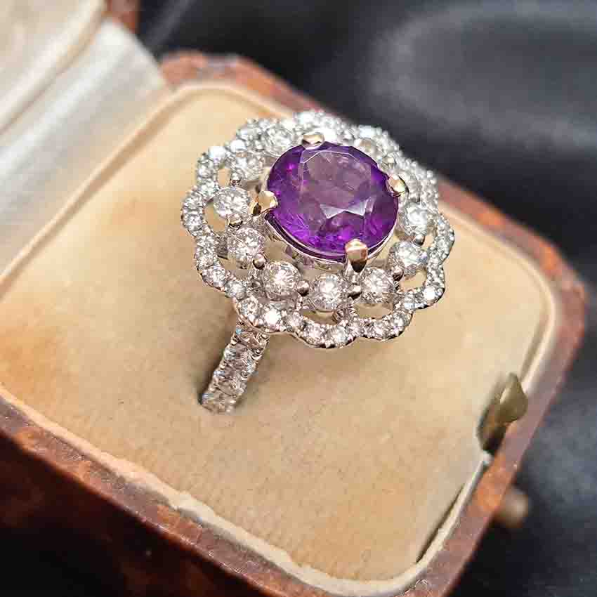 Vintage 2.25ct Amethyst and Diamond Cluster Cocktail Ring