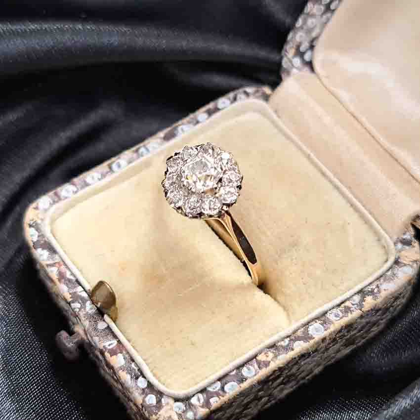 Edwardian Antique 1.1ct Old Cut Diamond Cluster Engagement Ring