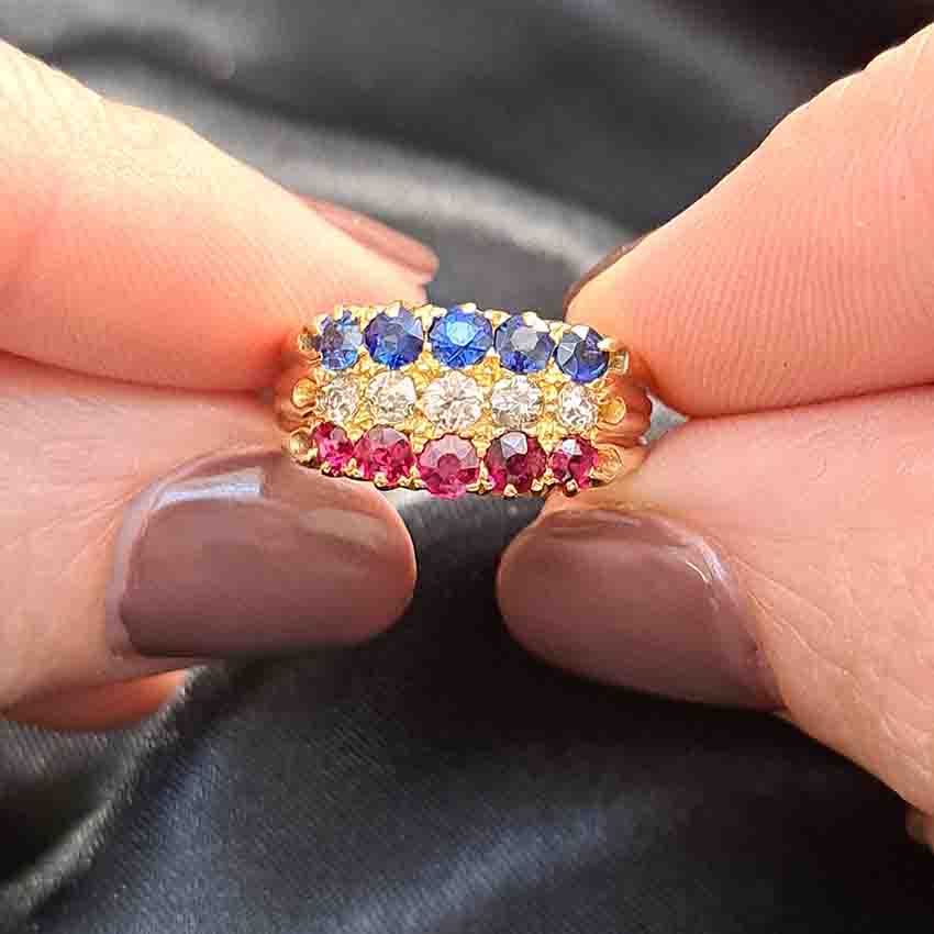 Victorian Antique Sapphire Diamond Ruby Three Row Ring