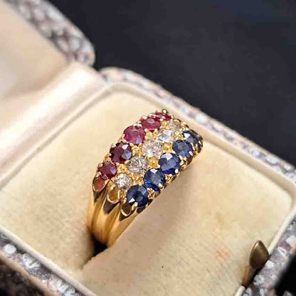 Victorian Antique Sapphire Diamond Ruby Three Row Ring