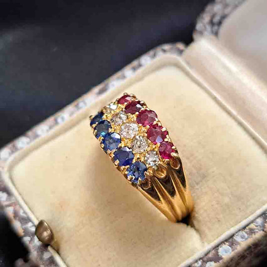 Victorian Antique Sapphire Diamond Ruby Three Row Ring
