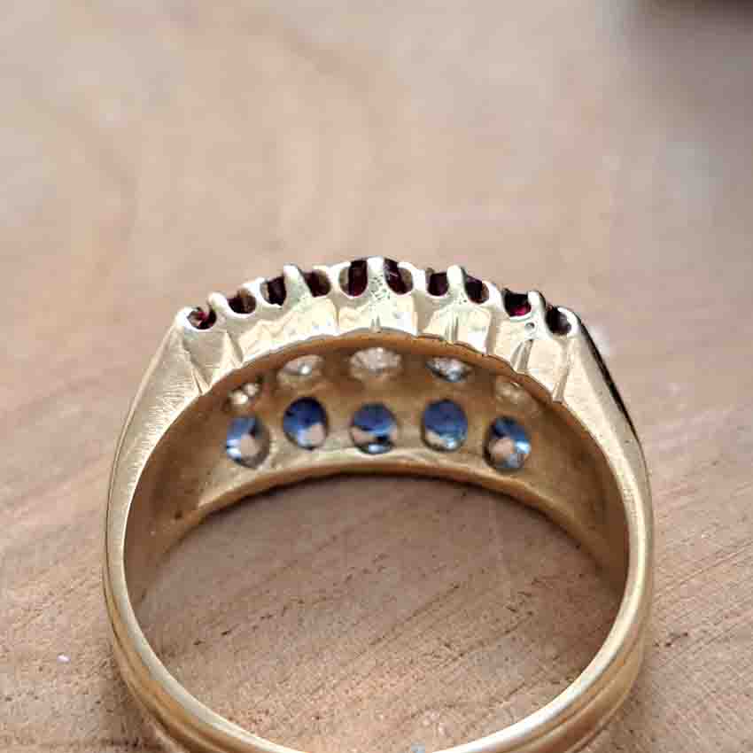 Victorian Antique Sapphire Diamond Ruby Three Row Ring