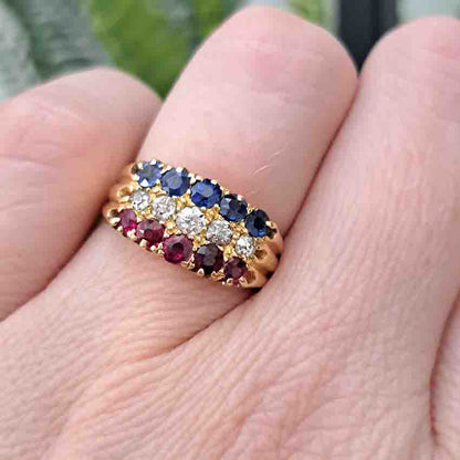 Victorian Antique Sapphire Diamond Ruby Three Row Ring