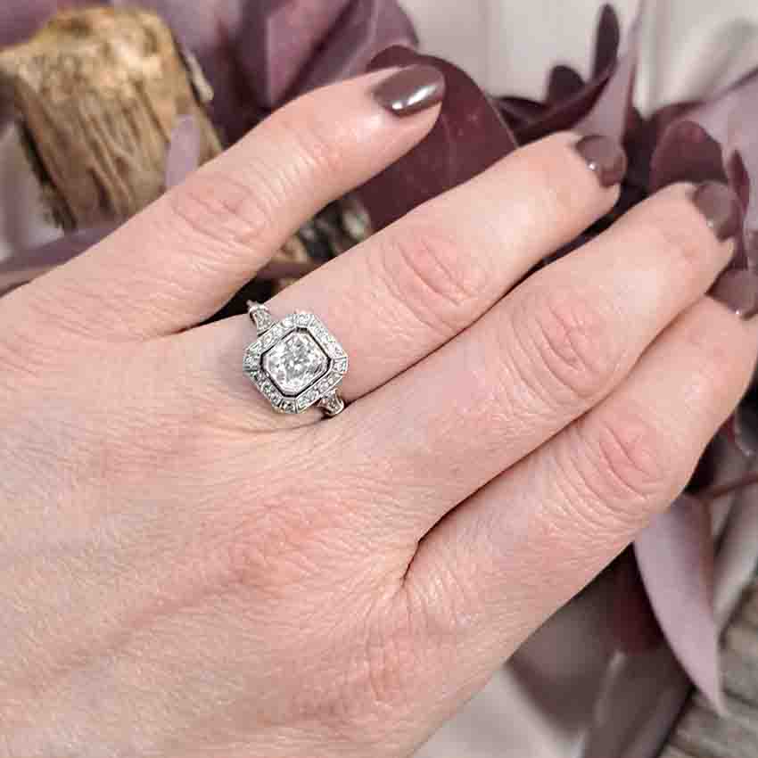 Vintage 1ct Cushion Shape Old Mine Cut Diamond Cluster Engagement Ring in Platinum