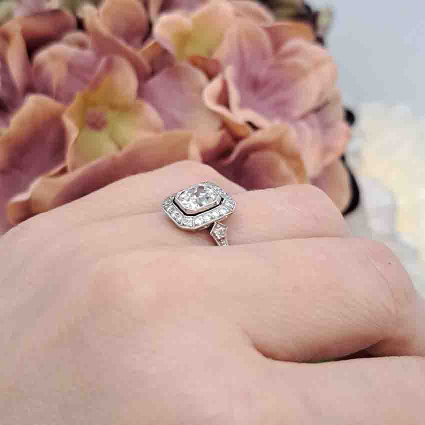 Vintage 1ct Cushion Shape Old Mine Cut Diamond Cluster Engagement Ring in Platinum