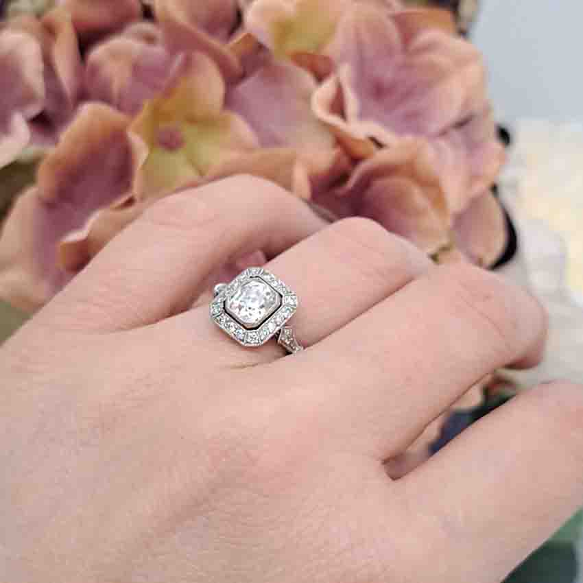 Vintage 1ct Cushion Shape Old Mine Cut Diamond Cluster Engagement Ring in Platinum