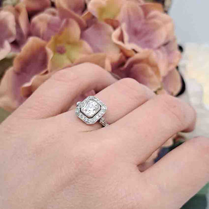 Vintage 1ct Cushion Shape Old Mine Cut Diamond Cluster Engagement Ring in Platinum